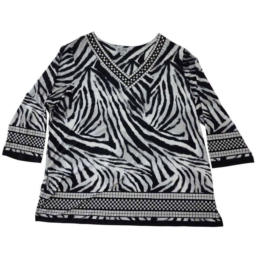 JM Collection Woman Zebra Print V-Neck Studded Top Black White‎ 3X 3/4 Sleeve